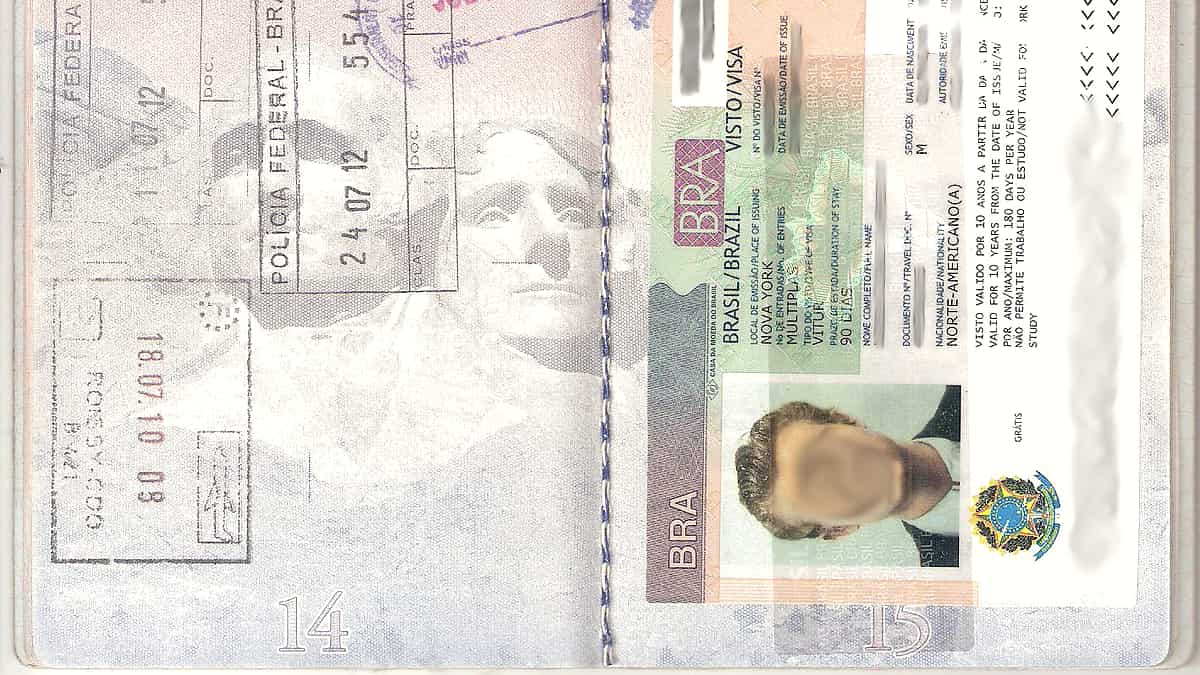 A page of visa and border stamps inked across the pages of a travel document